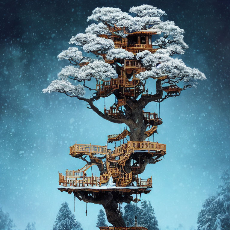 Snow-covered multi-level treehouse under night sky