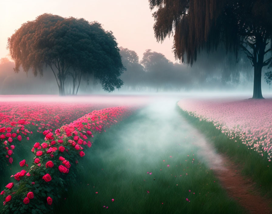 Tranquil landscape: path, pink flowers, misty horizon at dawn/dusk