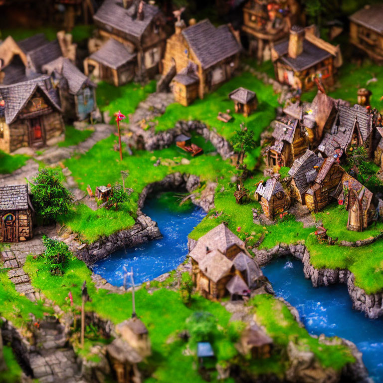 Detailed miniature fantasy village with tiny houses, trees, river, and rustic charm