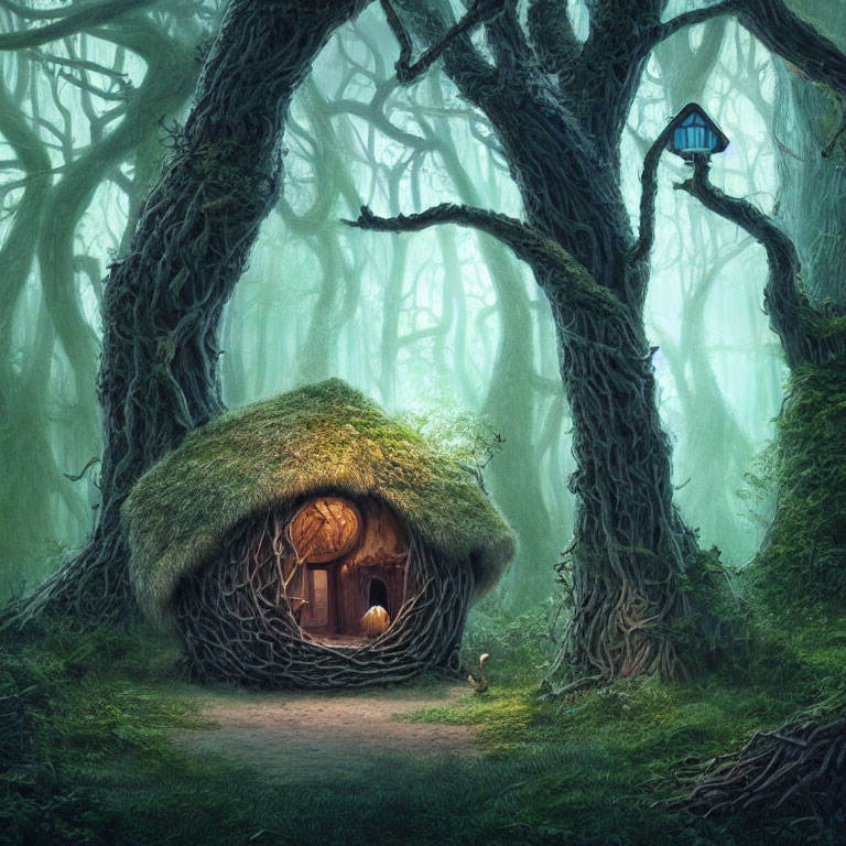 Enchanting forest scene with cozy door, gnarly trees, and mystical green light