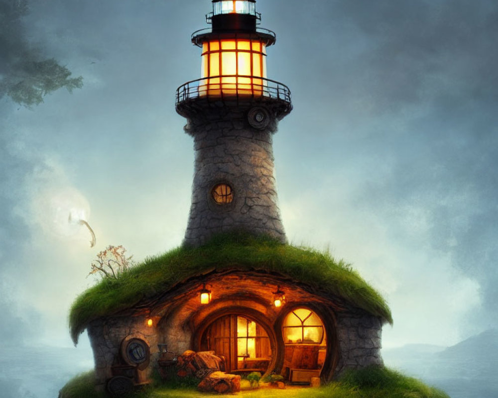 Stone lighthouse with glowing windows on grassy cliff at twilight