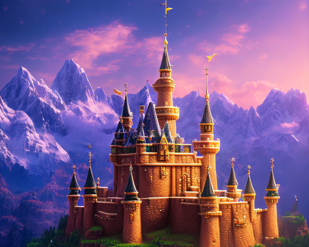 Majestic fairytale castle on floating island with purple mountains and sunset sky