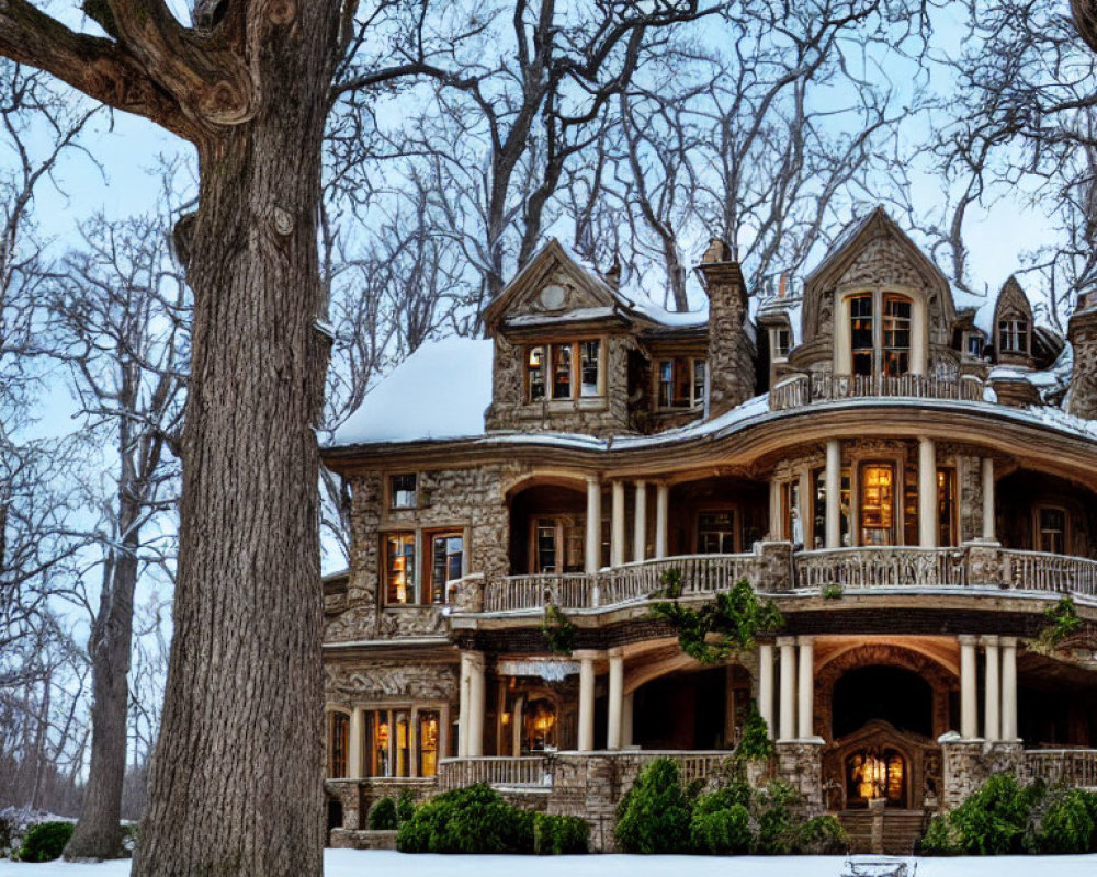 Stone mansion with balconies in snow-covered twilight