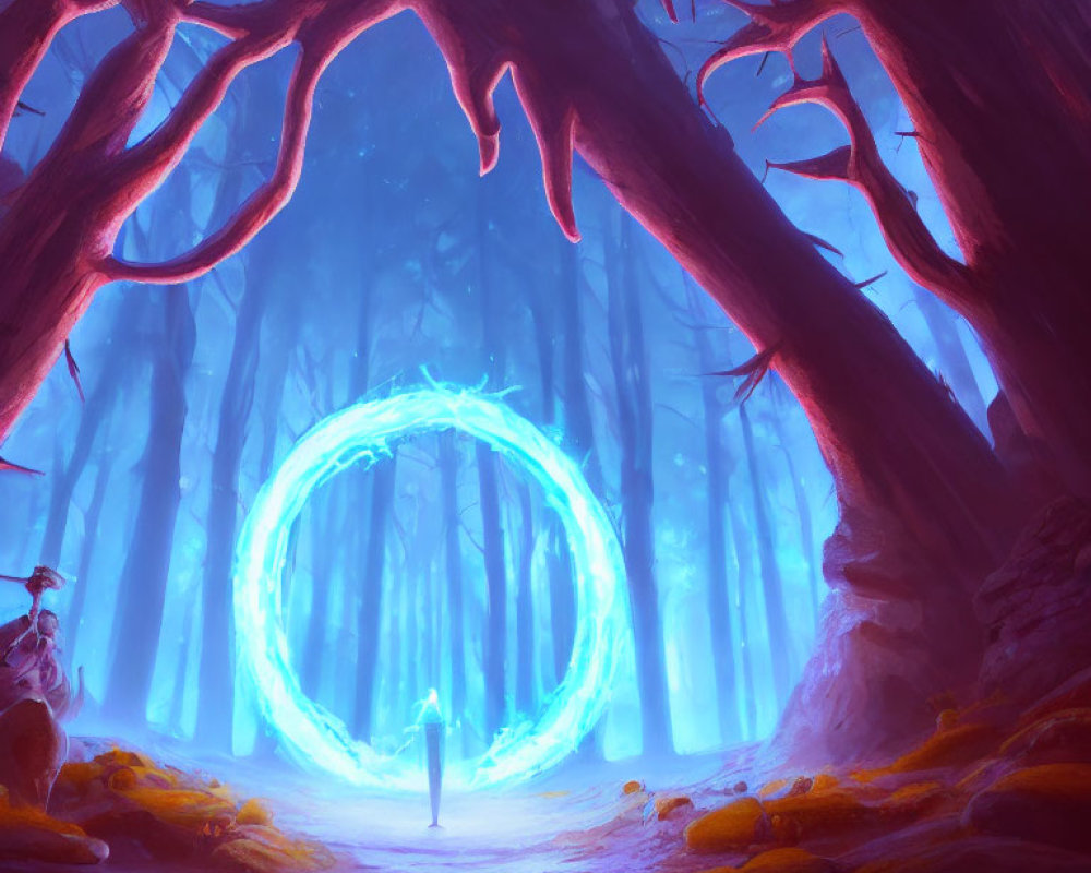 Mystical forest scene with lone figure and glowing blue portal