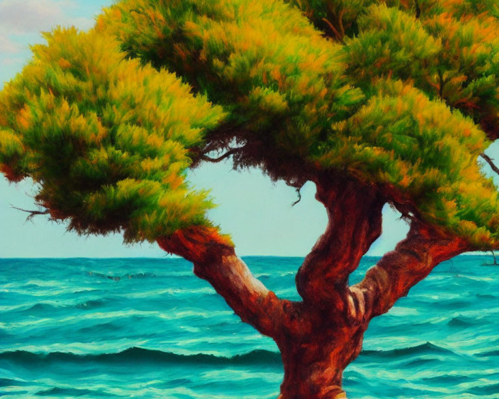 Colorful painting: Twisted tree against serene sea and sky