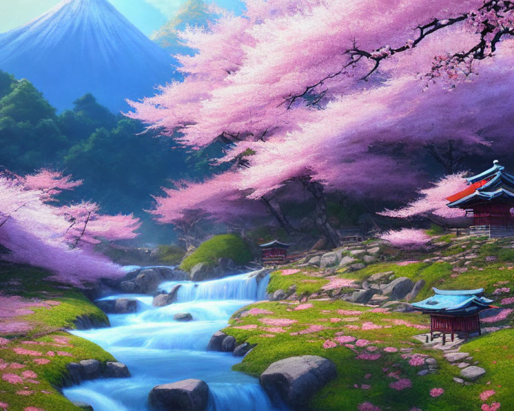 Japanese landscape with cherry blossoms, stream, traditional buildings, and Mount Fuji