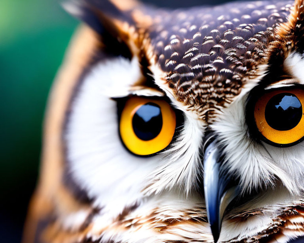 Detailed Close-Up of Owl's Face with Striking Yellow Eyes and Brown, Black, White Feathers