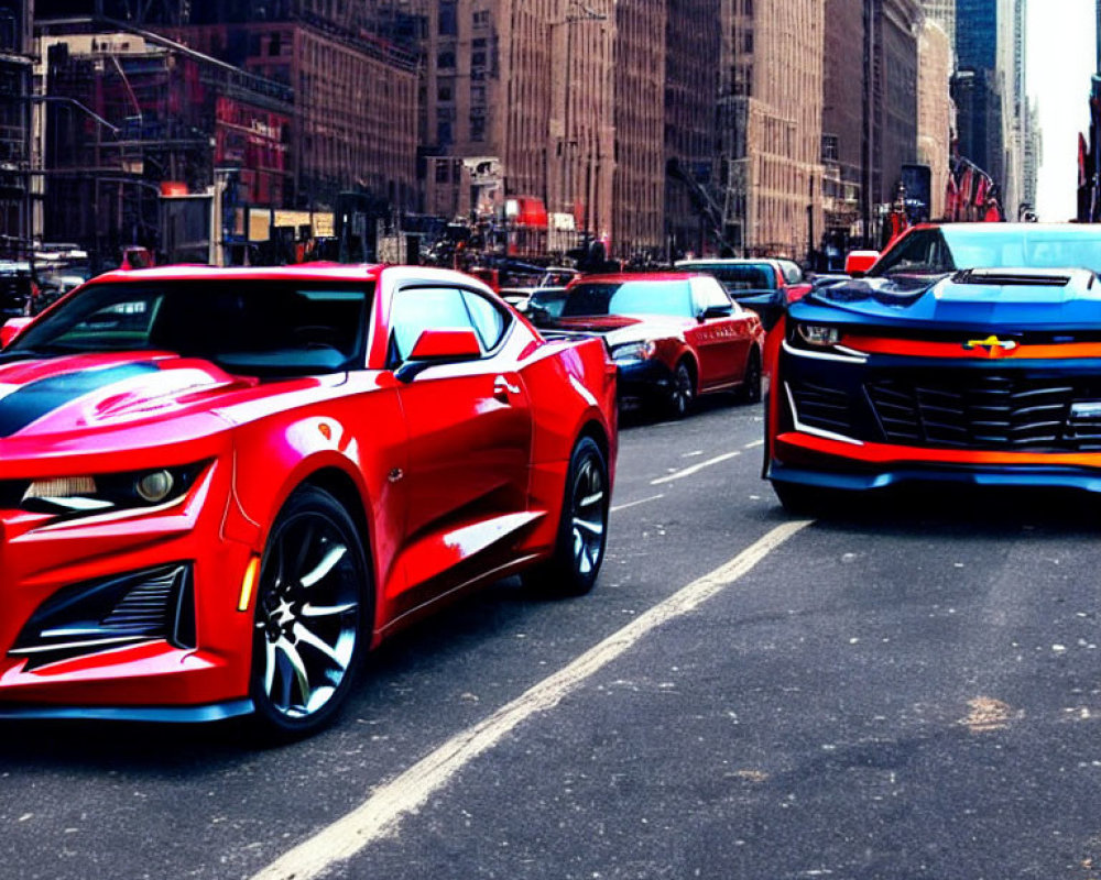 Red sports car leads line of vehicles in city street with skyscrapers backdrop