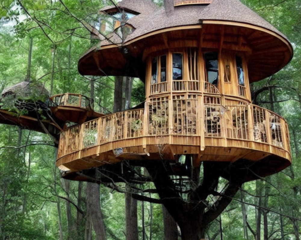 Rounded multi-tiered treehouse with wooden railings and large windows