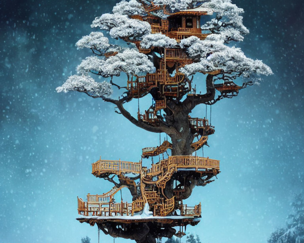 Snow-covered multi-level treehouse under night sky