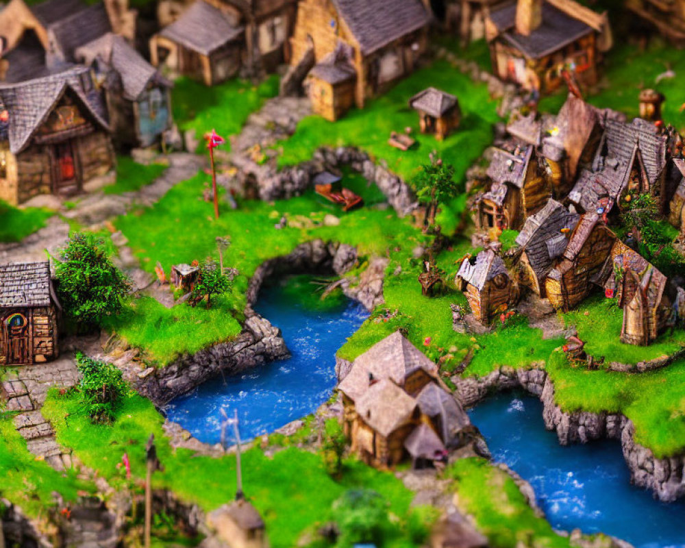 Detailed miniature fantasy village with tiny houses, trees, river, and rustic charm