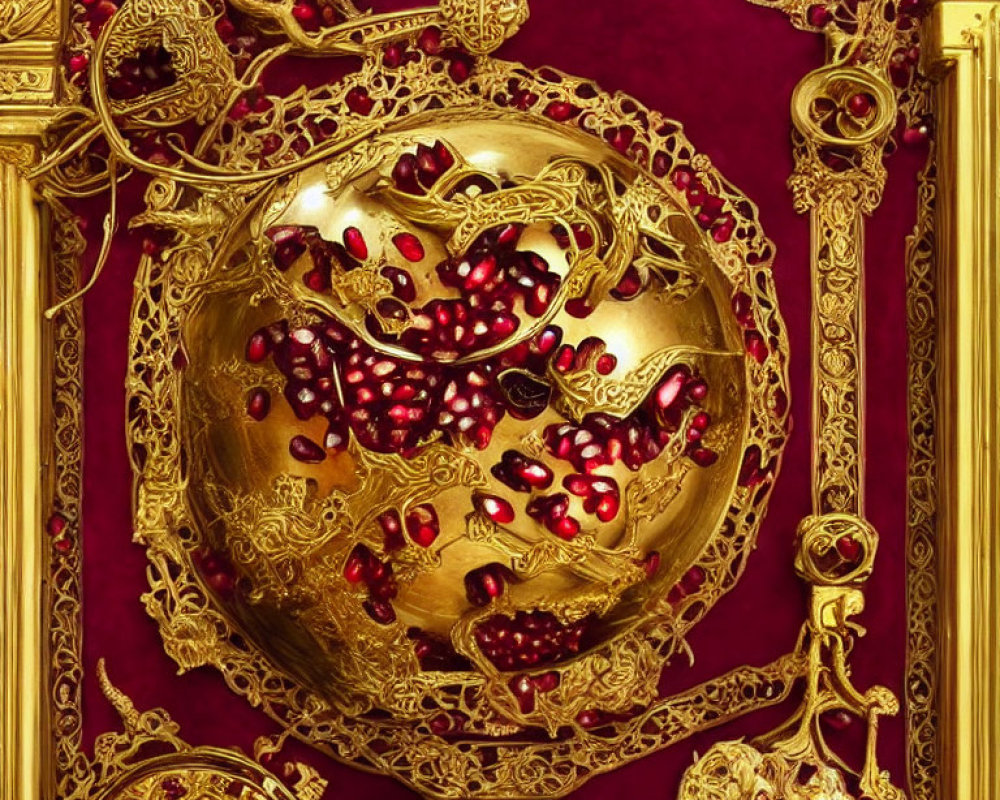 Golden filigree circular artifact with pomegranate motifs on red velvet background