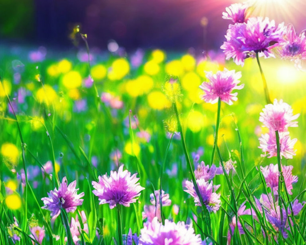 Vibrant Purple Flowers in Sunlit Field with Blurred Background