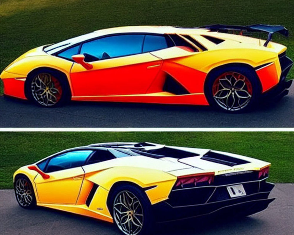 Two Lamborghini sports cars in yellow and orange colors parked on grass