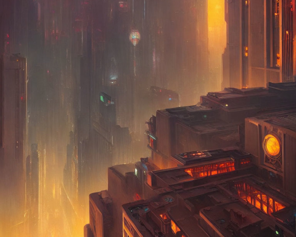 Futuristic cityscape with glowing skyscrapers and flying vehicles