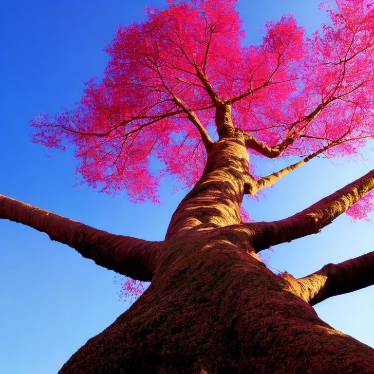 Majestic tree with thick trunk and pink leaves against blue sky