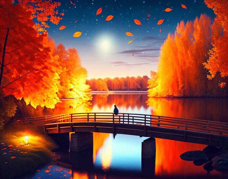 Person on Bridge Surrounded by Autumn Trees and Falling Leaves