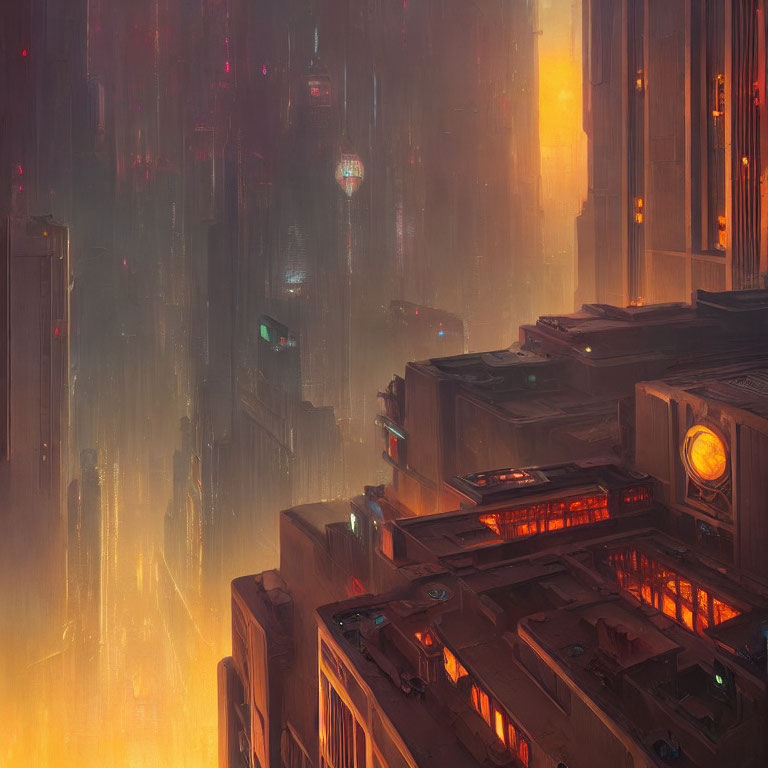 Futuristic cityscape with glowing skyscrapers and flying vehicles