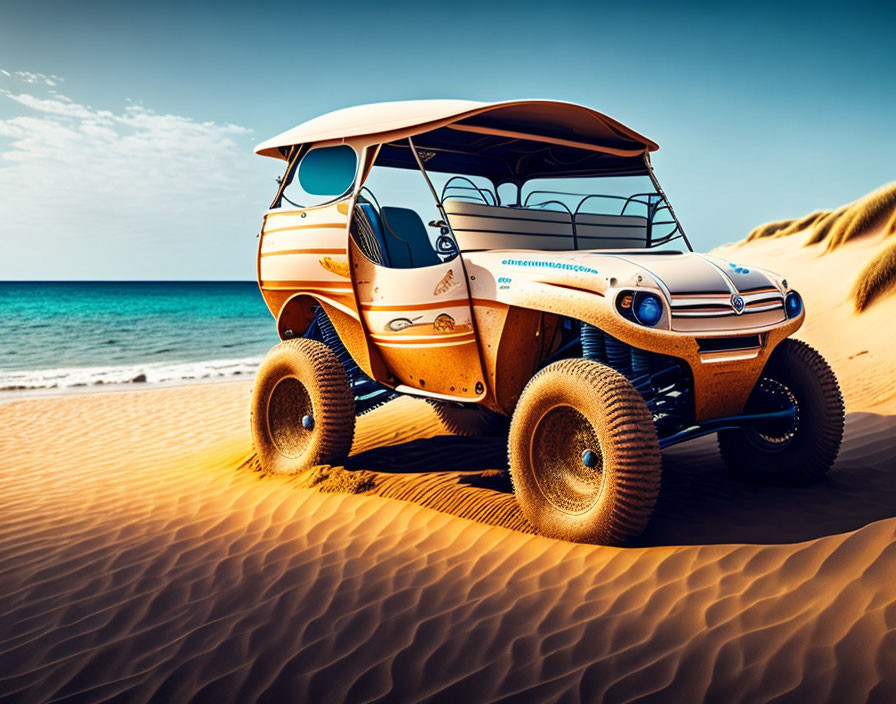 Vintage Vehicle with Large Tires Parked on Sandy Desert Dune