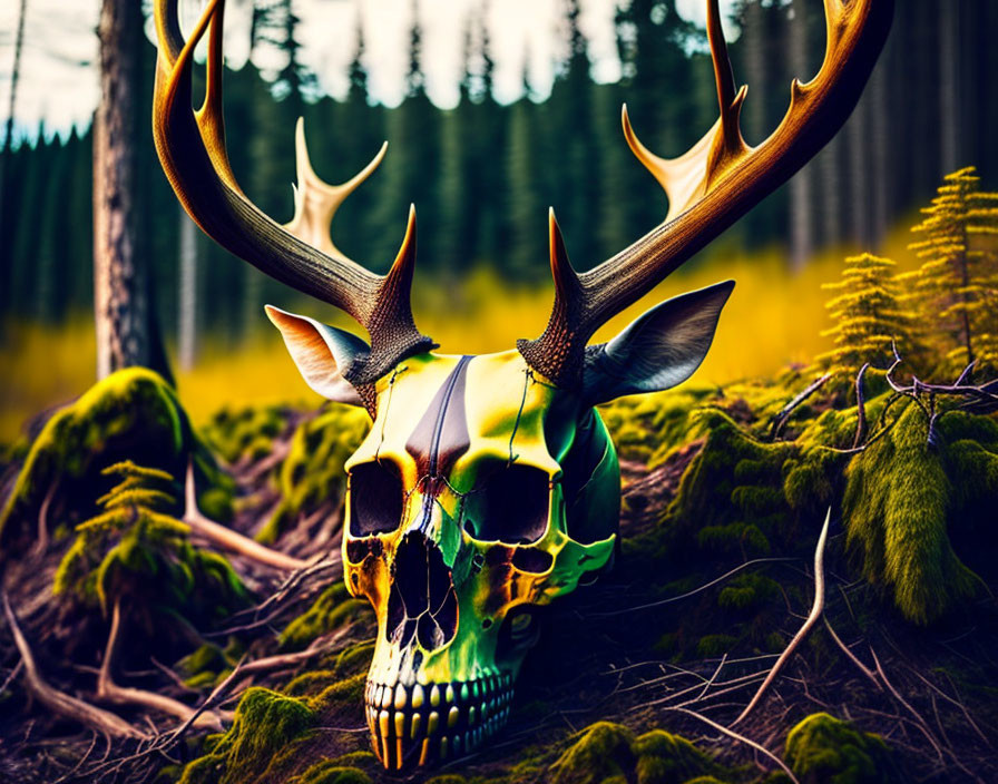 Colorful Deer Skull with Antlers in Forest Setting