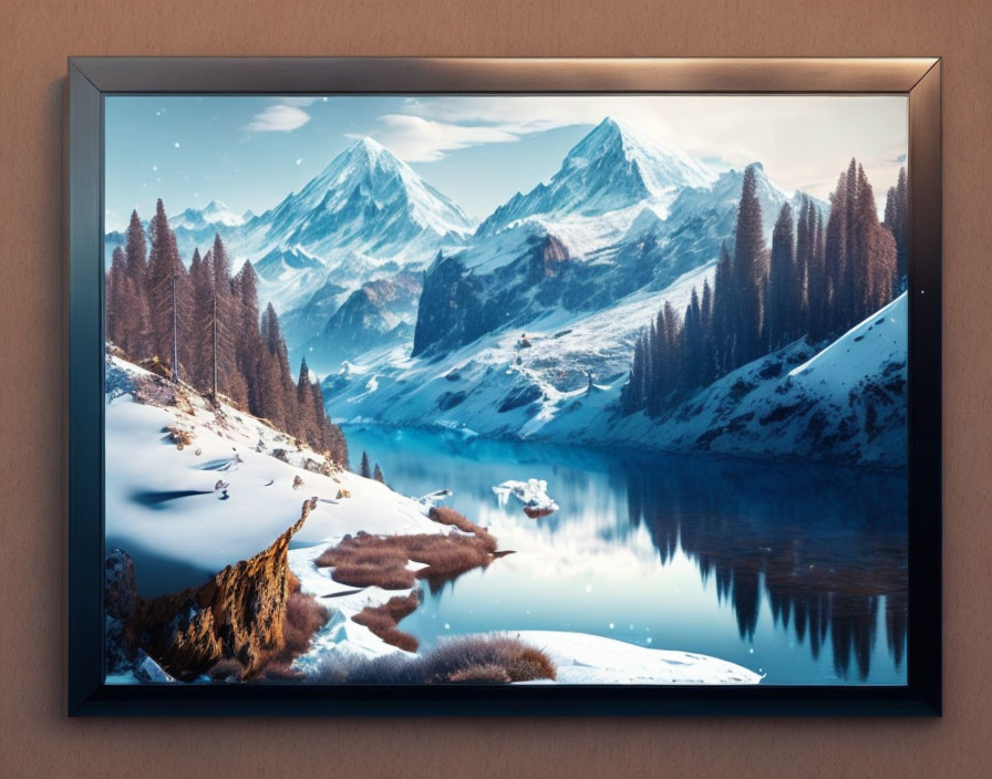 Snow-covered mountains reflected in calm lake with pine trees - serene winter landscape.