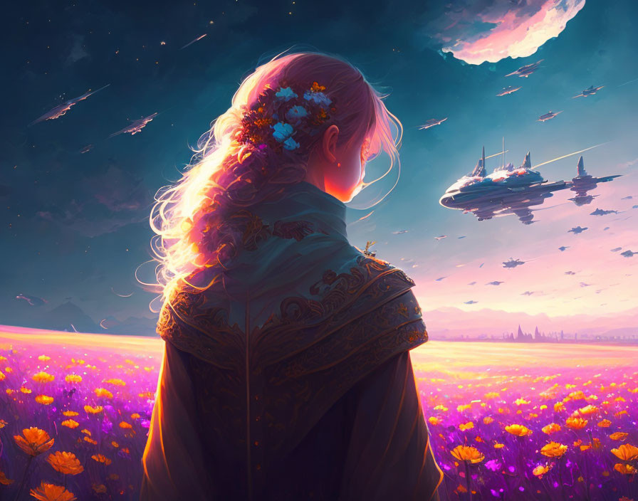 Girl in flower field at dusk with floating ships and moon