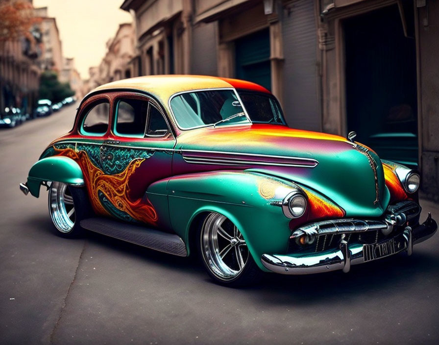 Vintage Car with Green and Rainbow Paint Job on Urban Street