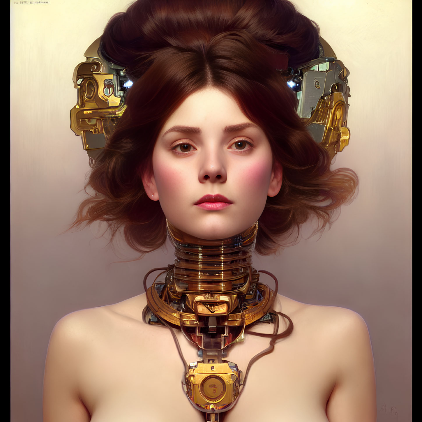 Female digital artwork with mechanical neck and shoulders on neutral background