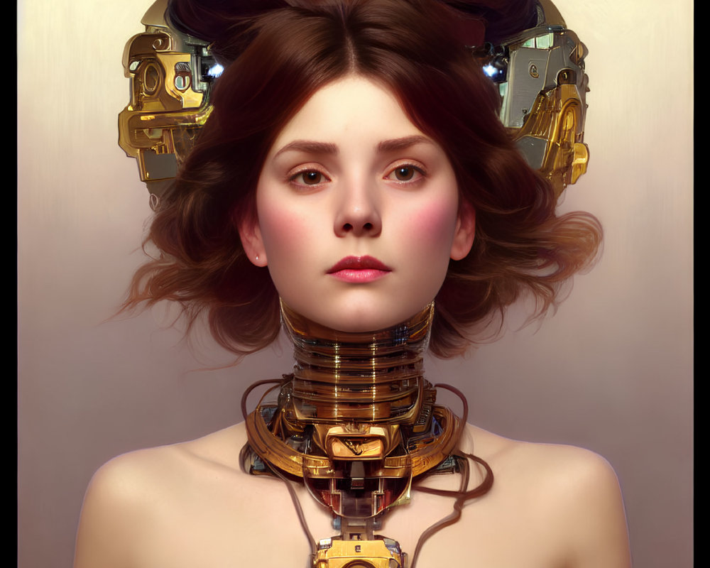 Female digital artwork with mechanical neck and shoulders on neutral background