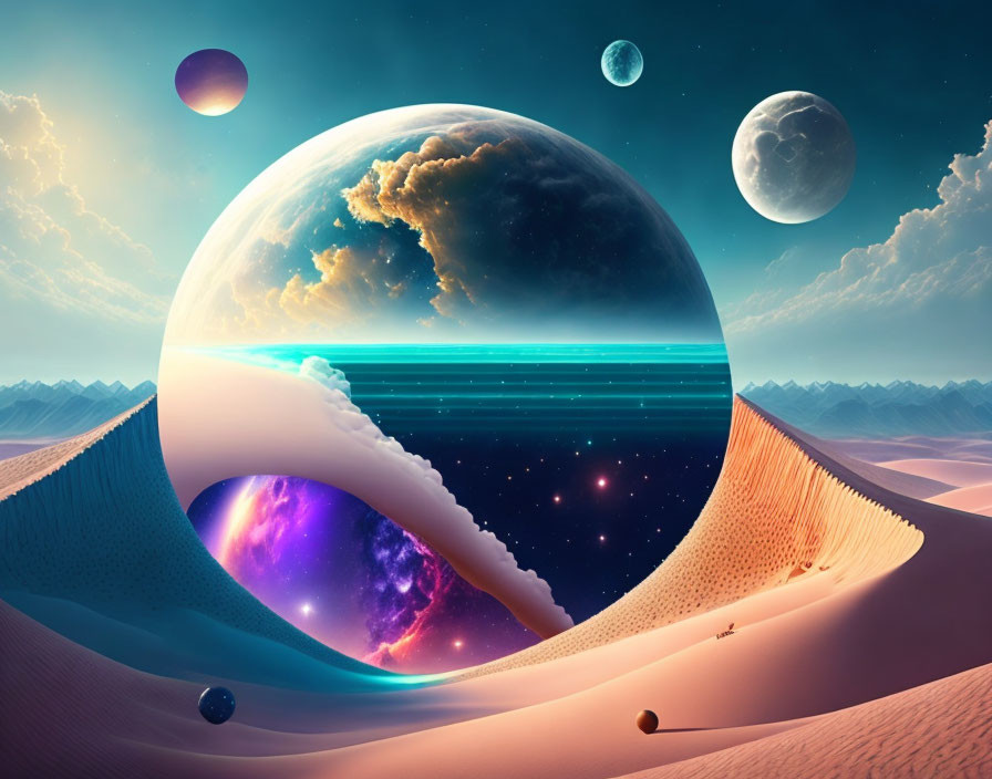 Surreal desert landscape with multiple planets in the sky