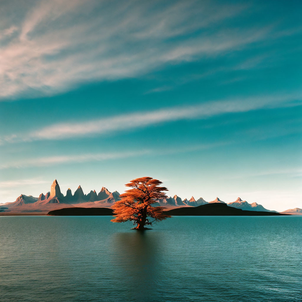 Vibrant tree in tranquil lake with mountain backdrop