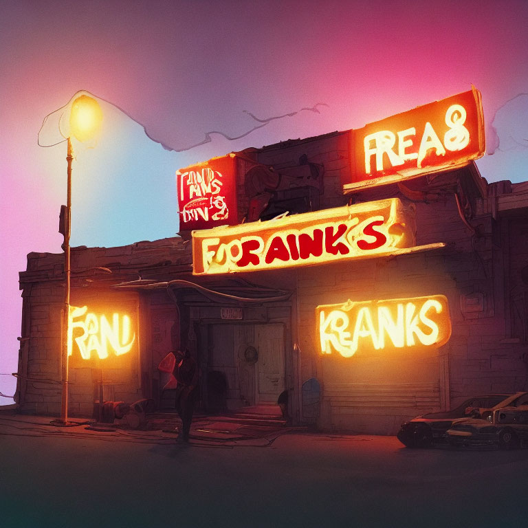 Dilapidated Building at Dusk with Neon Lights and Person Standing by Entrance