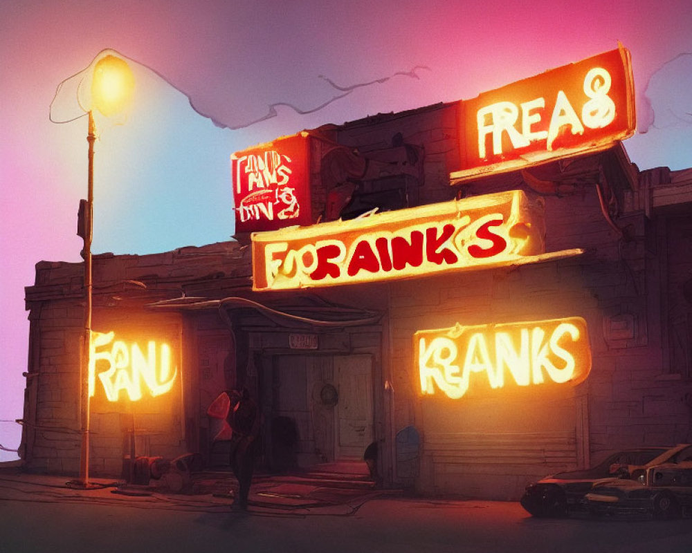 Dilapidated Building at Dusk with Neon Lights and Person Standing by Entrance