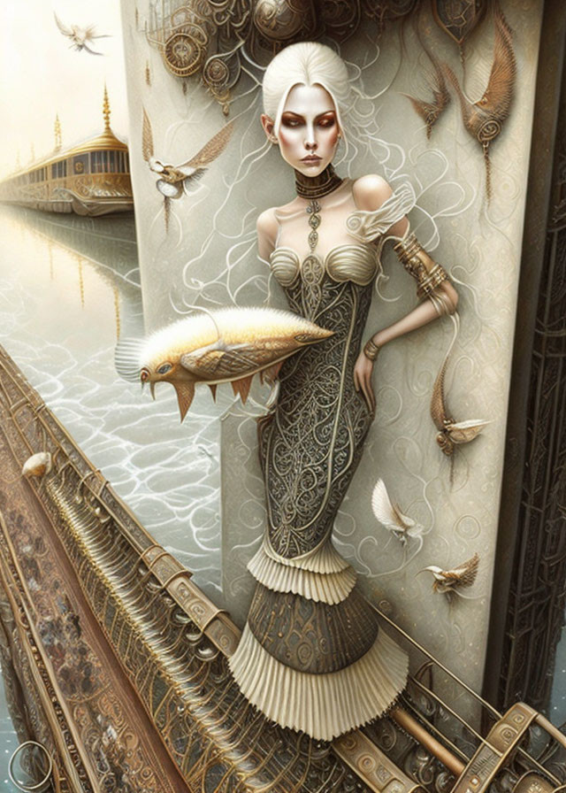 Steampunk-inspired pale woman in intricate gown with mechanical and fish elements.