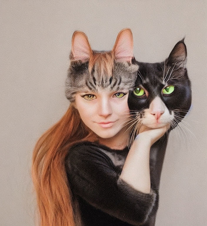 Composite image of woman and cat with green eyes and matching fur patterns