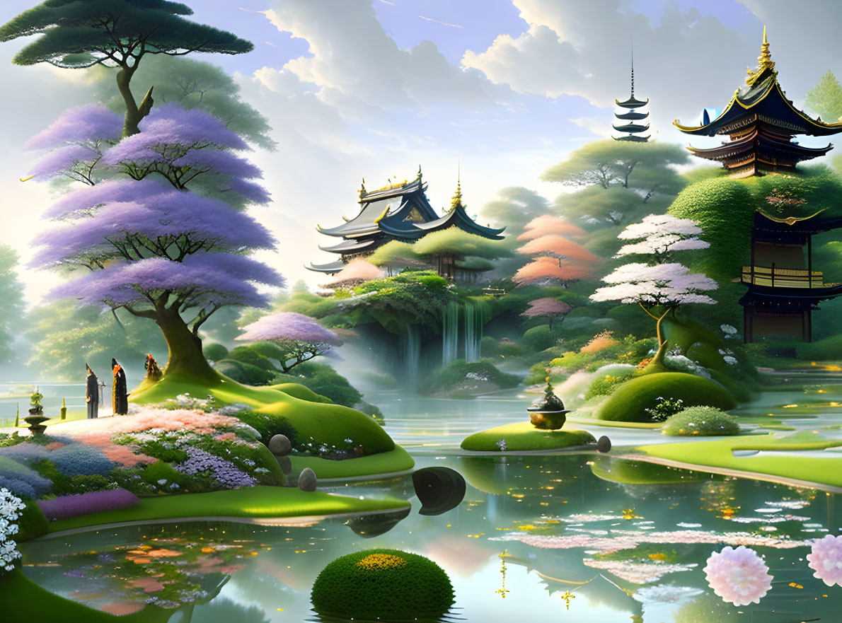 Vibrant fantasy landscape with Asian buildings, waterfalls, pond