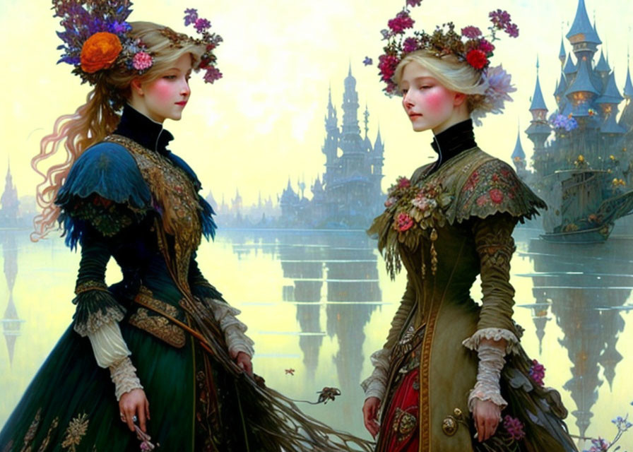 Two women in elegant attire with floral headpieces in front of a mystical castle, mirrored in calm waters