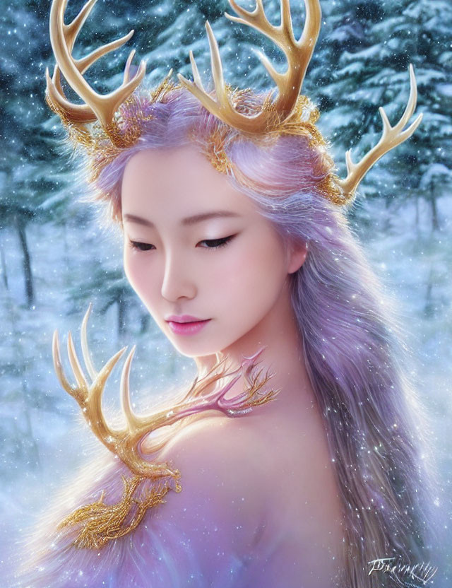 Fantasy illustration: Woman with antlers in snowy landscape