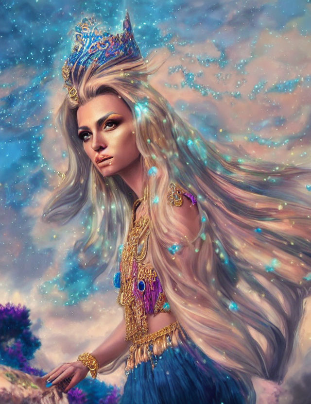 Fantasy queen with blond hair in gold and blue attire on starry sky backdrop