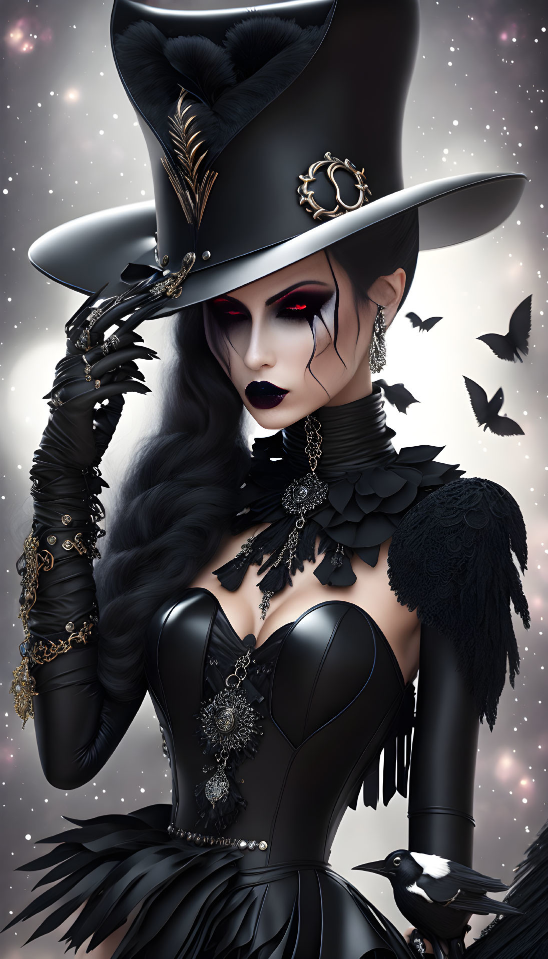 Gothic-style woman with dark makeup, corset, top hat, gloves, bats, and