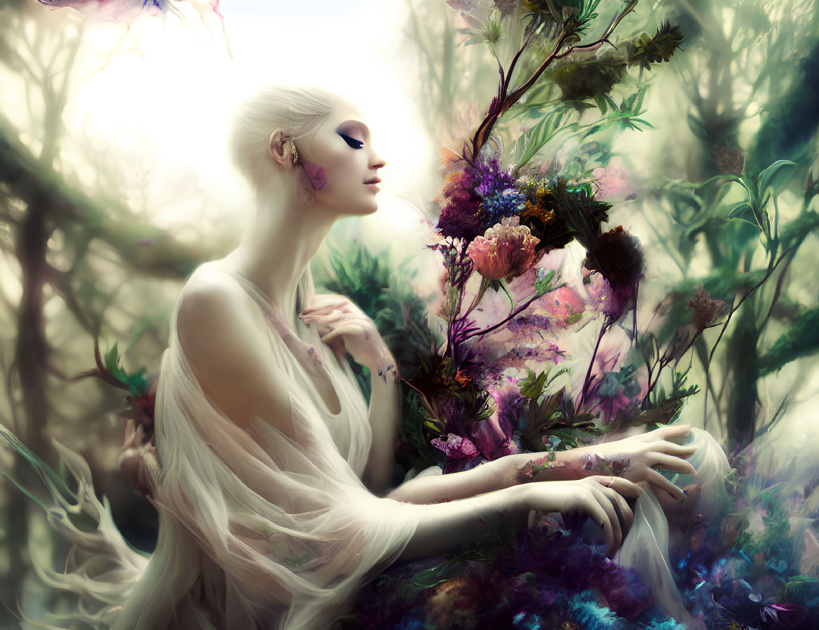 Ethereal being in white attire among dreamy floral woodland