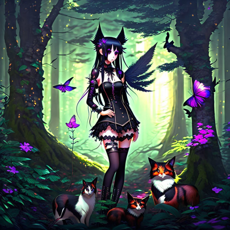 Fantasy illustration: Purple-haired girl in gothic outfit with cat ears in enchanted forest