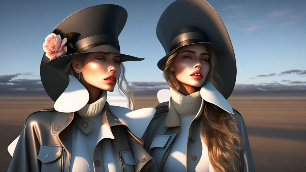 Stylized women in large brimmed hats and trench coats in desert setting