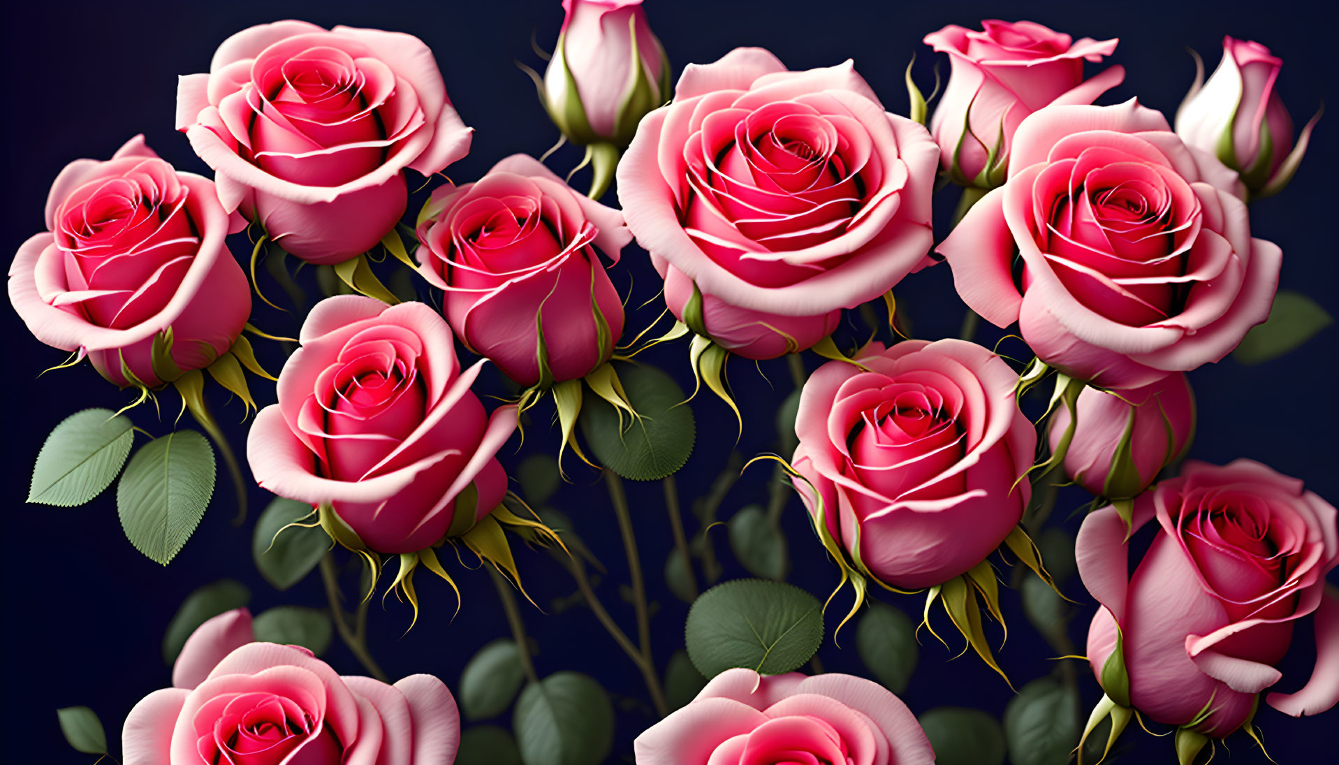 Pink Roses Bouquet on Dark Blue Background