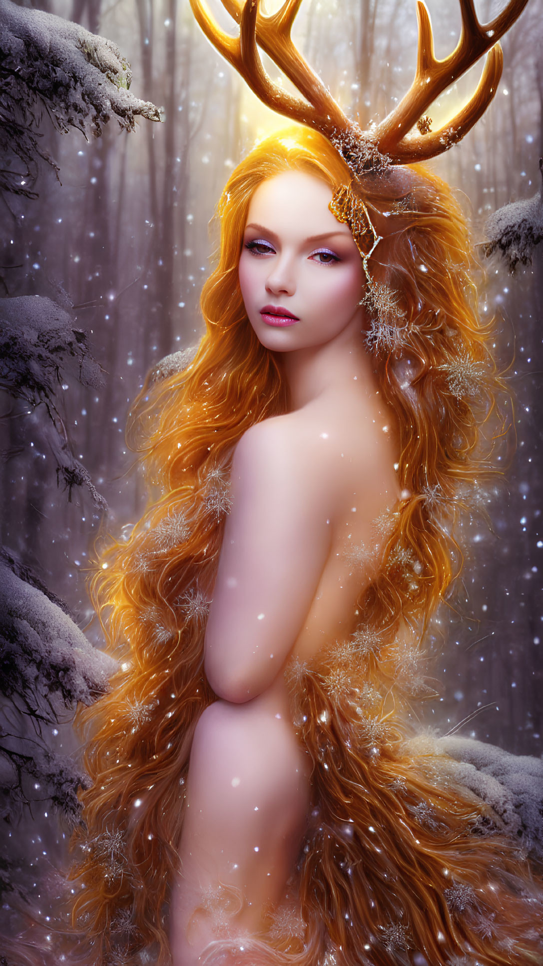 Mystical figure with long wavy hair and antlers in snowy forest