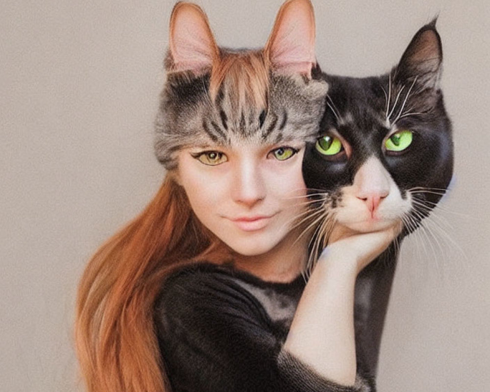 Composite image of woman and cat with green eyes and matching fur patterns