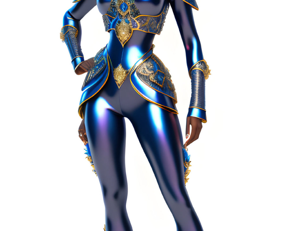 Futuristic female figure in blue and gold armor with shoulder pads and headpiece.