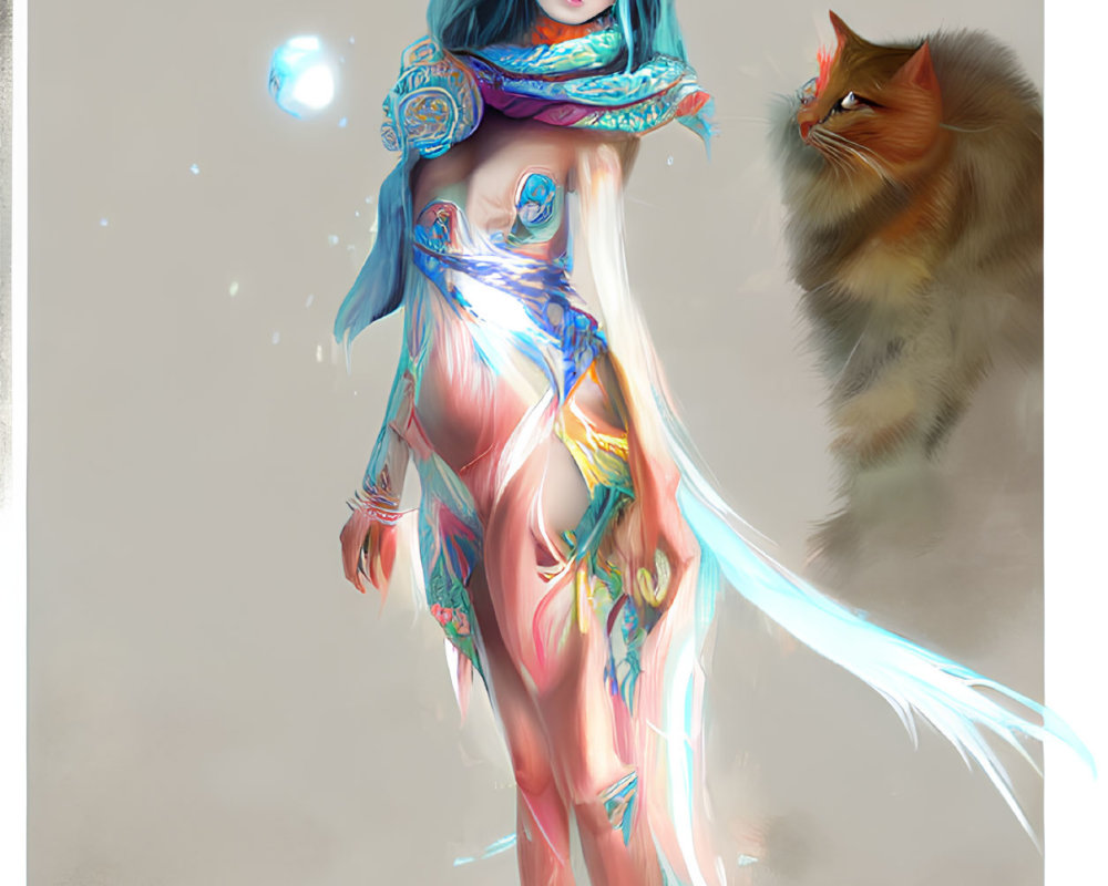 Mystical female figure in blue and gold attire with glowing tattoos next to orange-furred cat