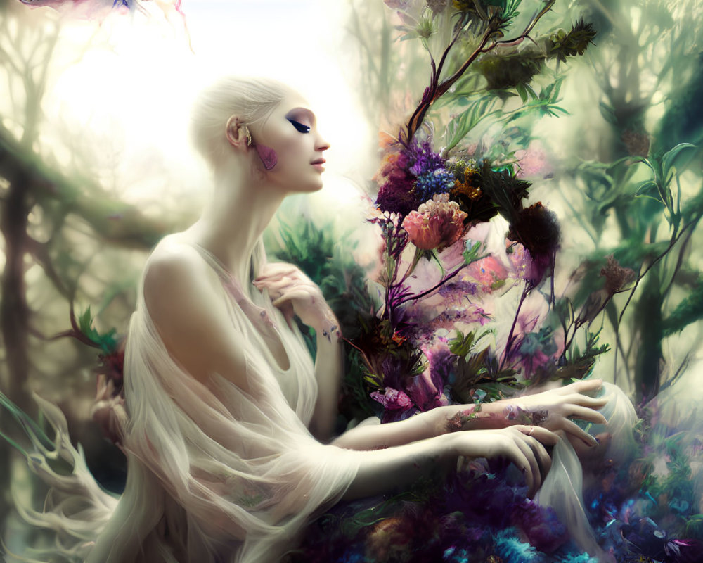 Ethereal being in white attire among dreamy floral woodland