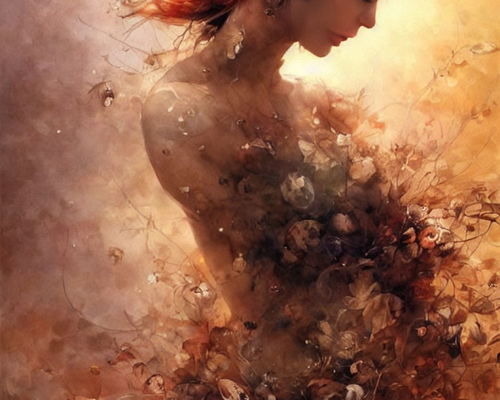 Digital painting of woman blending with abstract floral elements in warm tones